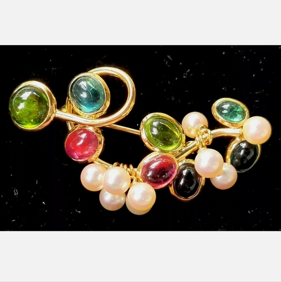 14k Gold Multi Gemstone Pearl Pendant Brooch-Designer Estate Jewelry 12 gm - Picture 1 of 12